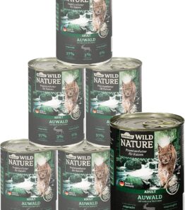 Dehner Wild Nature Katzenfutter Auwald, Nassfutter getreidefrei / zuckerfrei, für ausgewachsene Katzen, Hirsch / Truthahn, 6 x 400 g Dose (2.4 kg)