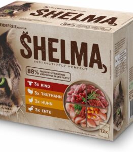 Shelma Katzen-Nassfutter Fleisch Multipack mit den Sorten Rind, Truthahn, Huhn und Ente – Getreidefreies Alleinfuttermittel mit hohem Fleischanteil – 12 x 85 g (1,02 kg)